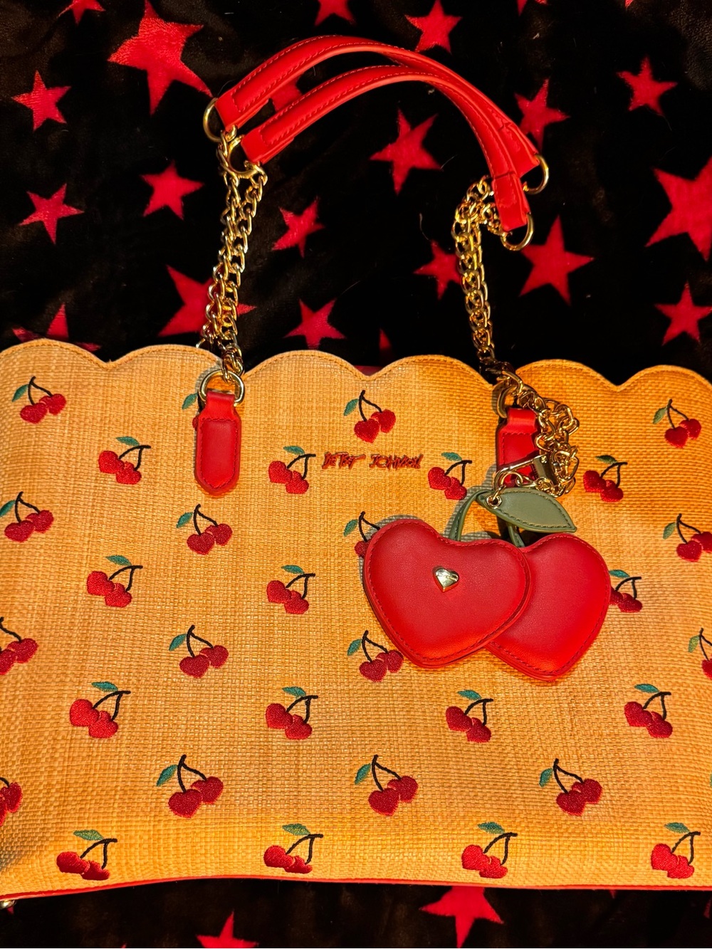 Betsey Johnson Red Cherry Straw Tote with Pink Charm